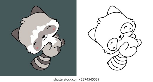 Cute IsolatedRaccoon Illustration and For Coloring Page. Cartoon Clip Art Racoon. Isolated Vector Illustration of a Kawaii Animal for Stickers, Baby Shower, Coloring Pages. 