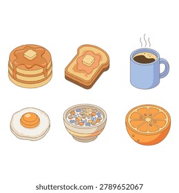 Cute isometric breakfast food vector icon set including stacked pancakes with syrup, buttered toast, hot coffee mug, fried egg, cereal bowl, and fresh orange slice. Clean line art illustration for cafe menu and morning nutrition concept.

