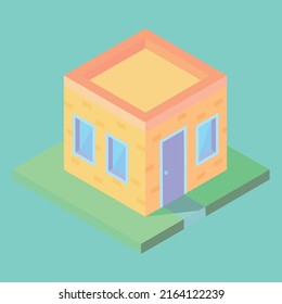 Cute isometric house, home, building, 3d, architecture, icon with windows, door, roof. Cozy modern hometown, home concept, in yellow and blue colours, vector illustration, property, construction