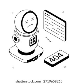 Robot isométrico lindo que muestra 404 página mensaje no encontrado para el Sitio web o el diseño del App.