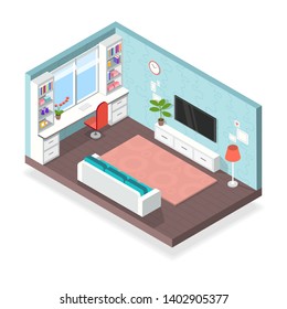 Cute isometric room, interior flat vector illustration