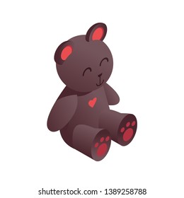 Cute isometric teddy bear drawn with vivid brown gradients, with pink heart on breast. 3d toy for kids playing store