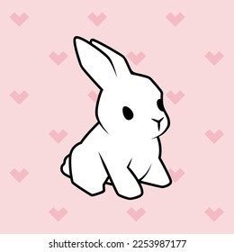 Cute isometric white rabbit. Chibi style. Pattern with hearts on background.