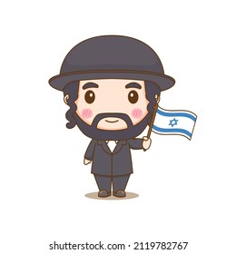 Cute Israel boy wearing national with flag. Chibi cartoon character isolated background.