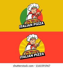 Cute Italian Chef Is Engaged In Cooking Delicious Pizza. Vector Logo Of The Pizzeria. Business Card Layout.