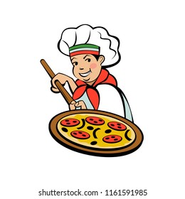 Cute Italian Chef Is Engaged In Cooking Delicious Pizza. Vector Logo Of The Pizzeria. Business Card Layout.