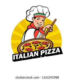 Cute Italian Chef Is Engaged In Cooking Delicious Pizza. Vector Logo Of The Pizzeria. Business Card Layout.