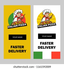 Cute Italian chef is engaged in cooking delicious pizza. Vector logo of the pizzeria. Business card layout.