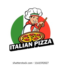 Cute Italian Chef Is Engaged In Cooking Delicious Pizza. Vector Logo Of The Pizzeria. Business Card Layout.