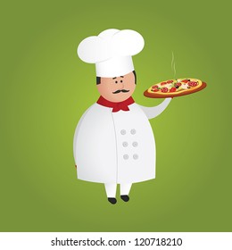 Cute italian cook/chef character holding hot pizza on a tray