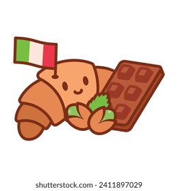 Cute Italian Croissant and Chocolate bar with nut - A Vibrant Vector illustration with Cheerful Character and Culinary Charm. Playful, Flat Design for food Business Icon. Perfect for cafe menu design.