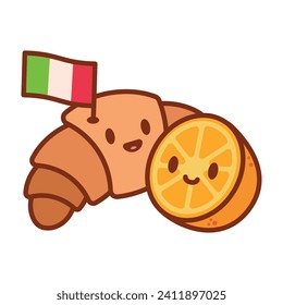 Cute Italian Croissant and orange fruit - A Vibrant Vector illustration with Cheerful Character and Culinary Charm. Playful, Flat Design for food Business Icon. Perfect for cafe menu design.