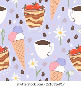 El postre italiano es muy agradable. Tiramisu, helado, café y fondo floral. Perfecto para la creación de tejidos, textiles, papel de envoltura y embalaje.