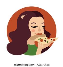 Cute Italian girl eats a slice of pizza. Flat vector illustration isolated on white background