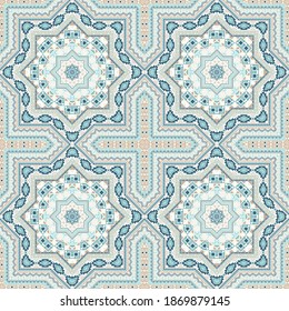Cute italian maiolica tile seamless rapport. Ethnic geometric vector elements. Fabric print design. Stylish italian mayolica tilework repetitive pattern. Interior decor template.