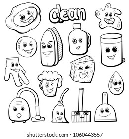 Cute items for cleaning. Household set vector illustration.