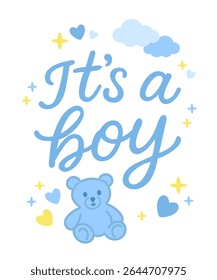 Cute "It's a Boy" pastel blue baby shower card with teddy bear, hearts, stars, and clouds – perfect for newborn celebration or nursery decor.