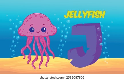 Cute J for Jellyfish vector with a cartoon jellyfish, perfect for ABC flashcards, preschool posters, and ocean-themed learning. Great for teaching vocabulary and early education!