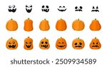 Cute Jack O Lantern with Different Pumpkin Shapes and Facial Expressions Set. Spooky Creepy Halloween Graphics Illustrations.