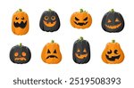 Cute Jack O Lantern with Different Shapes and Funny Facial Expressions Set. Creepy Spooky Fun Halloween Pumpkin Decor Illustration Collection.