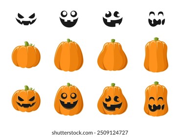 Lanterna Jack O bonito com diferentes formas de abóbora e expressões faciais conjunto. Ilustrações de gráficos assustadores de Halloween.