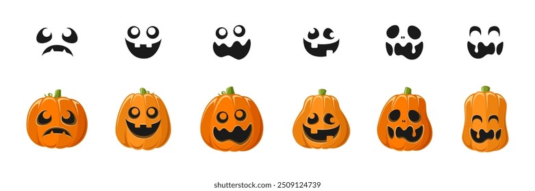 Cute Jack O Lantern with Different Pumpkin Shapes and Facial Expressions Set. Spooky Creepy Halloween Graphics Illustrations.