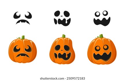 Lanterna Jack O bonito com diferentes formas de abóbora e expressões faciais conjunto. Ilustrações de gráficos assustadores de Halloween.