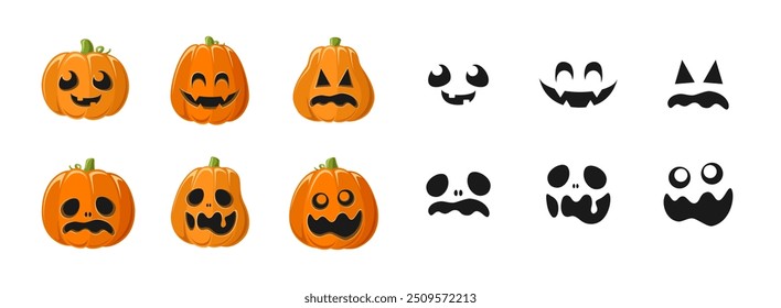 Cute Jack O Lantern with Different Pumpkin Shapes and Facial Expressions Set. Spooky Creepy Halloween Graphics Illustrations.