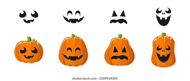 Cute Jack O Lantern with Different Pumpkin Shapes and Facial Expressions Set. Spooky Creepy Halloween Graphics Illustrations.