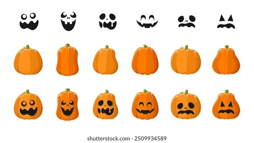 Cute Jack O Lantern with Different Pumpkin Shapes and Facial Expressions Set. Spooky Creepy Halloween Graphics Illustrations.