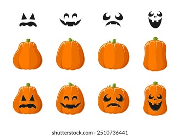 Cute Jack O Lantern with Different Pumpkin Shapes and Facial Expressions Set. Spooky Creepy Halloween Graphics Illustrations.