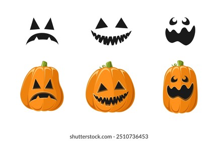 Lanterna Jack O bonito com diferentes formas de abóbora e expressões faciais conjunto. Ilustrações de gráficos assustadores de Halloween.