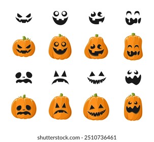 Cute Jack O Lantern with Different Pumpkin Shapes and Facial Expressions Set. Spooky Creepy Halloween Graphics Illustrations.