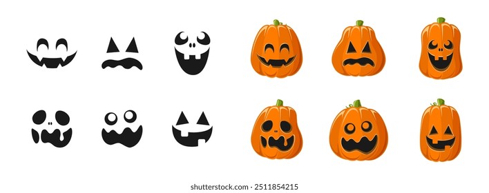 Lanterna Jack O bonito com diferentes formas de abóbora e expressões faciais conjunto. Ilustrações de gráficos assustadores de Halloween.