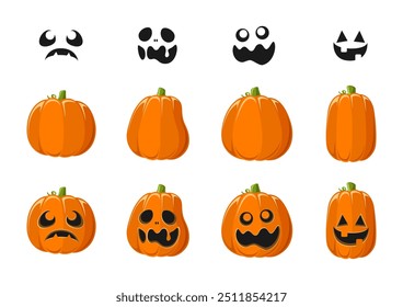 Lanterna Jack O bonito com diferentes formas de abóbora e expressões faciais conjunto. Ilustrações de gráficos assustadores de Halloween.