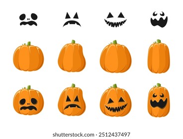 Lanterna Jack O bonito com diferentes formas de abóbora e expressões faciais conjunto. Ilustrações de gráficos assustadores de Halloween.