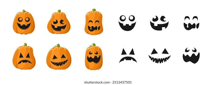 Lanterna Jack O bonito com diferentes formas de abóbora e expressões faciais conjunto. Ilustrações de gráficos assustadores de Halloween.