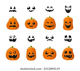 Lanterna Jack O bonito com diferentes formas de abóbora e expressões faciais conjunto. Ilustrações de gráficos assustadores de Halloween.