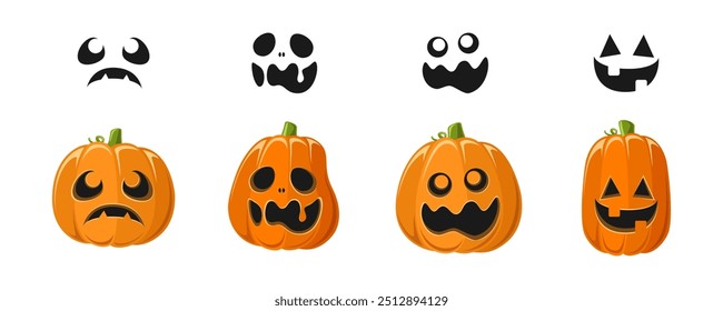 Lanterna Jack O bonito com diferentes formas de abóbora e expressões faciais conjunto. Ilustrações de gráficos assustadores de Halloween.