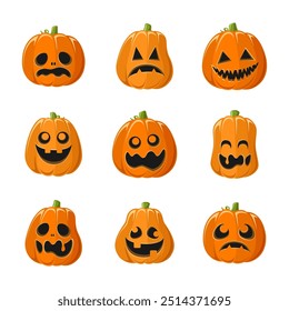 Lanterna Jack O bonito com diferentes formas e expressões faciais engraçadas conjunto. Creepy Spooky Divertido Halloween Decor Pumpkin Coleção Ilustração.