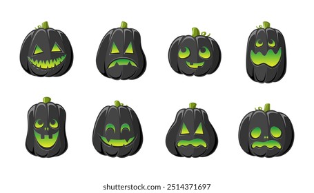 Lanterna Jack O bonito com diferentes formas e expressões faciais engraçadas conjunto. Creepy Spooky Divertido Halloween Decor Pumpkin Coleção Ilustração.