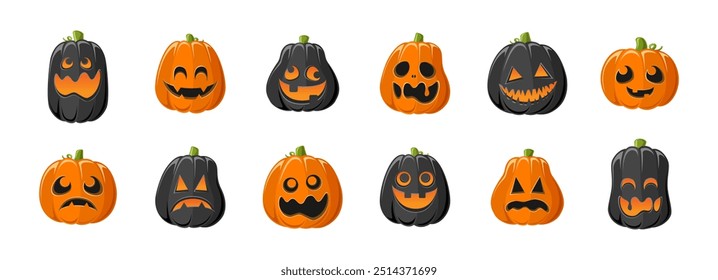 Lanterna Jack O bonito com diferentes formas e expressões faciais engraçadas conjunto. Creepy Spooky Divertido Halloween Decor Pumpkin Coleção Ilustração.