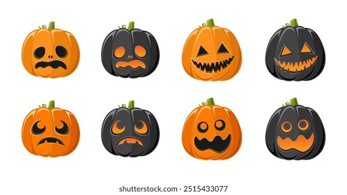 Cute Jack O Lantern with Different Shapes and Funny Facial Expressions Set. Creepy Spooky Fun Halloween Pumpkin Decor Illustration Collection.