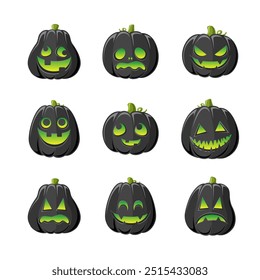 Lanterna Jack O bonito com diferentes formas e expressões faciais engraçadas conjunto. Creepy Spooky Divertido Halloween Decor Pumpkin Coleção Ilustração.