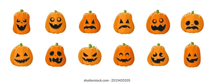 Lanterna Jack O bonito com diferentes formas e expressões faciais engraçadas conjunto. Creepy Spooky Divertido Halloween Decor Pumpkin Coleção Ilustração.