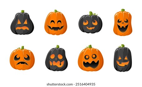 Lanterna Jack O bonito com diferentes formas e expressões faciais engraçadas conjunto. Creepy Spooky Divertido Halloween Decor Pumpkin Coleção Ilustração.