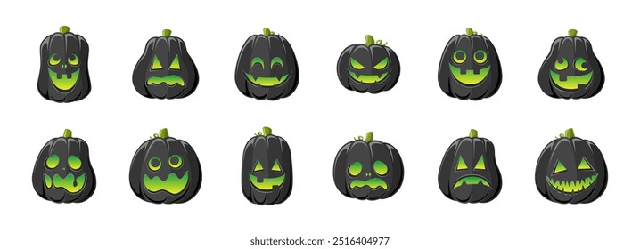 Lanterna Jack O bonito com diferentes formas e expressões faciais engraçadas conjunto. Creepy Spooky Divertido Halloween Decor Pumpkin Coleção Ilustração.