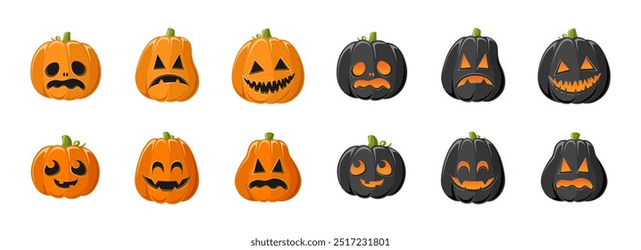 Cute Jack O Lantern with Different Shapes and Funny Facial Expressions Set. Creepy Spooky Fun Halloween Pumpkin Decor Illustration Collection.