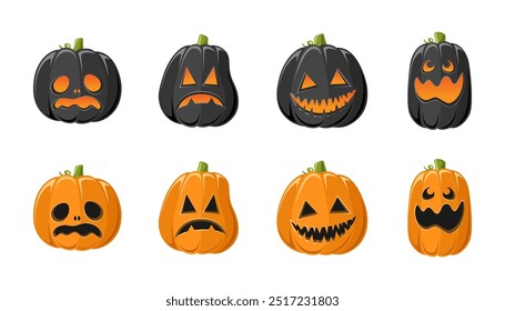 Lanterna Jack O bonito com diferentes formas e expressões faciais engraçadas conjunto. Creepy Spooky Divertido Halloween Decor Pumpkin Coleção Ilustração.