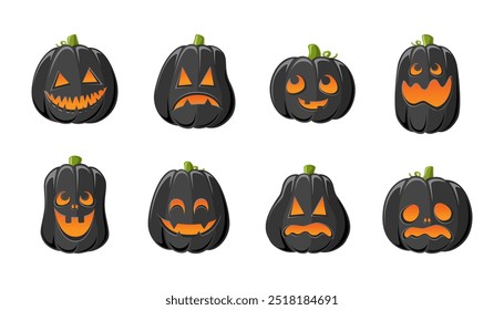 Cute Jack O Lantern with Different Shapes and Funny Facial Expressions Set. Creepy Spooky Fun Halloween Pumpkin Decor Illustration Collection.